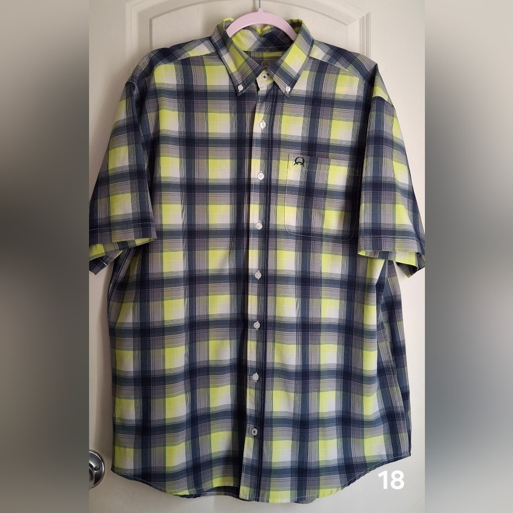 Cinch Men's Plaid Button-Down Shirt - Green and Blue Short Sleeve Casual Formal